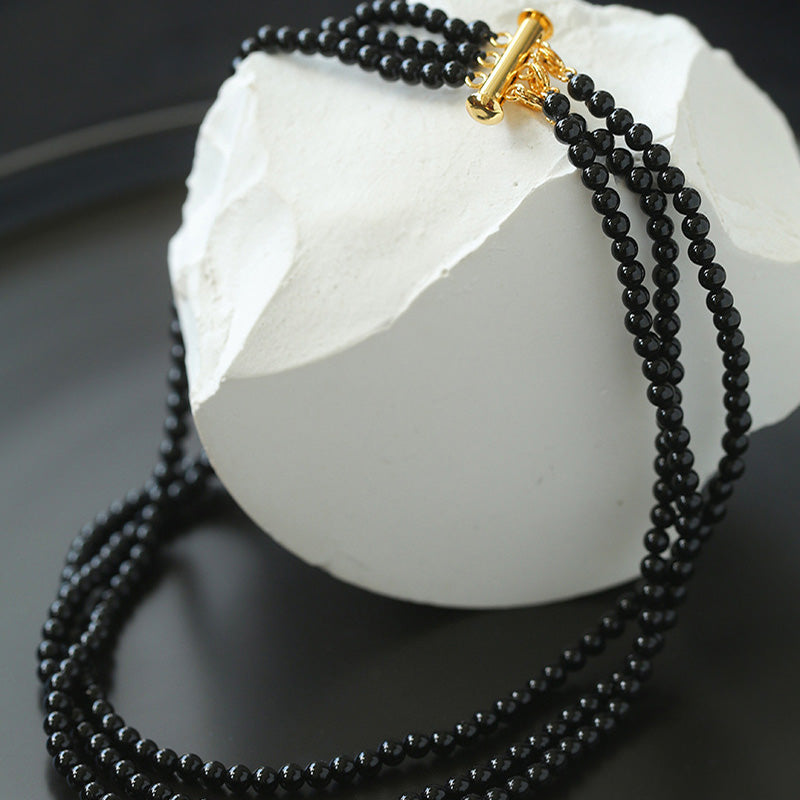 PEETTY vintage 3-strand pearl choker women necklace black agate