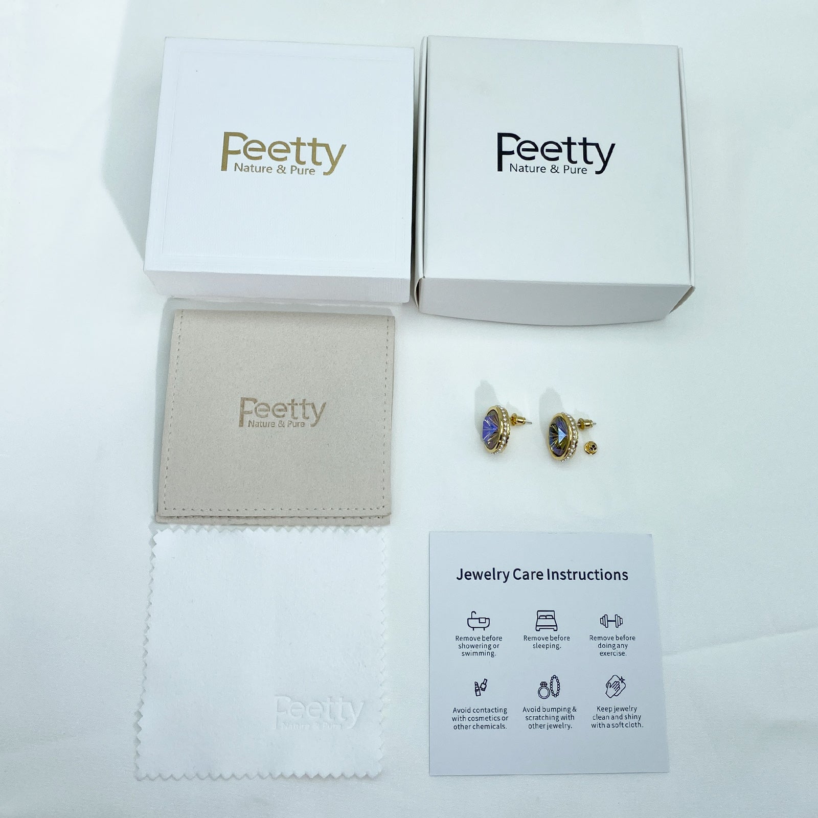 PEETTY vintage oval stud earrings glass shell pearl 18k gold plated PACKAGE