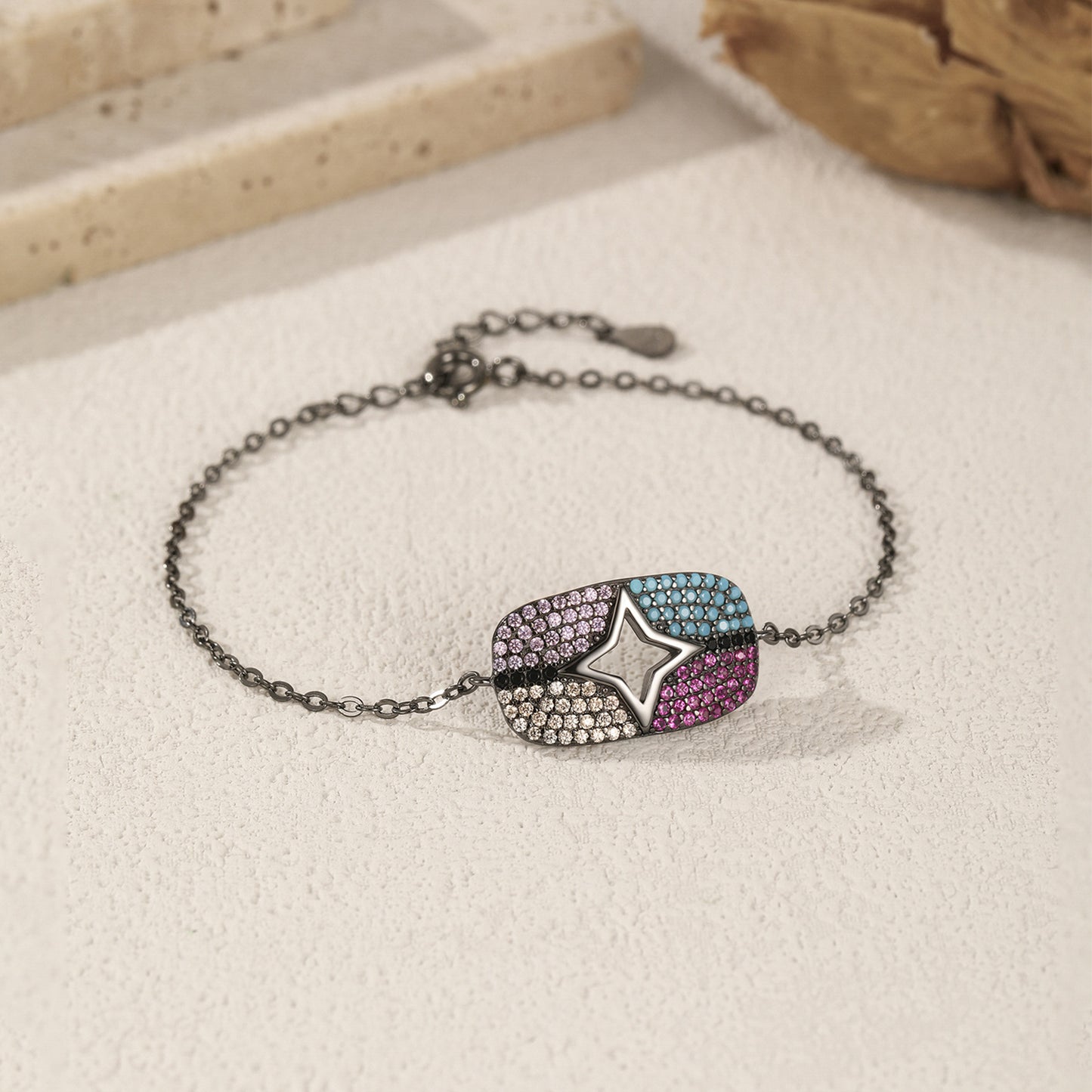 peetty black chain bracelet cubic zirconia turquoise 925 sterling silver adjustable Multicolored Oval 1