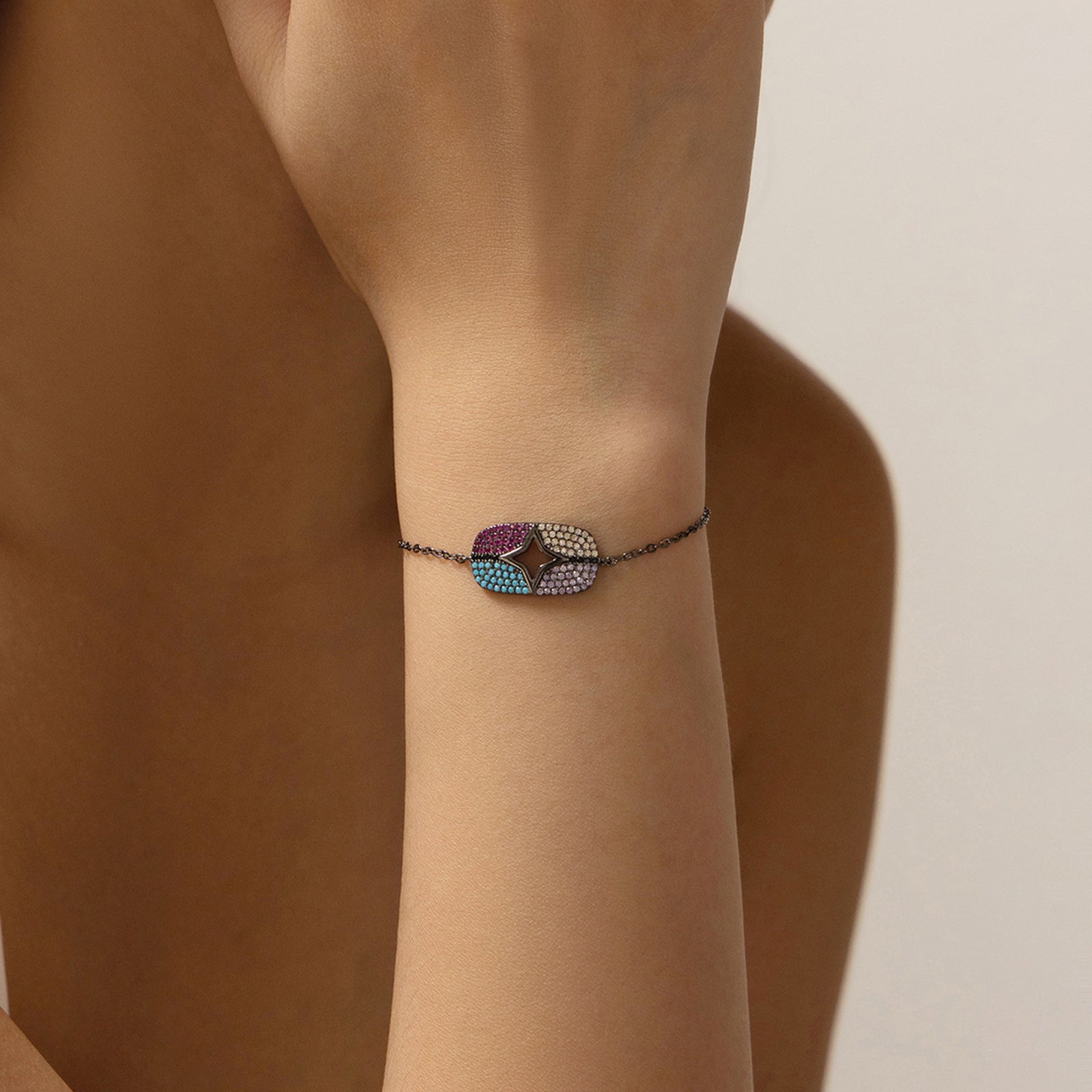 peetty black chain bracelet cubic zirconia turquoise 925 sterling silver adjustable Multicolored Oval model