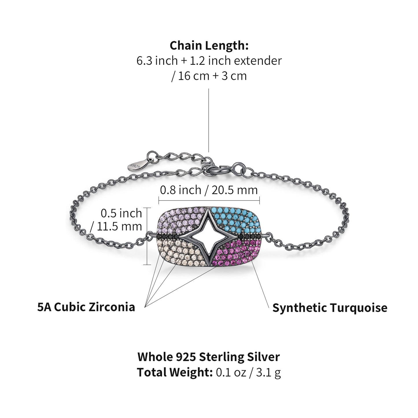 peetty black chain bracelet cubic zirconia turquoise 925 sterling silver adjustable Multicolored Oval size