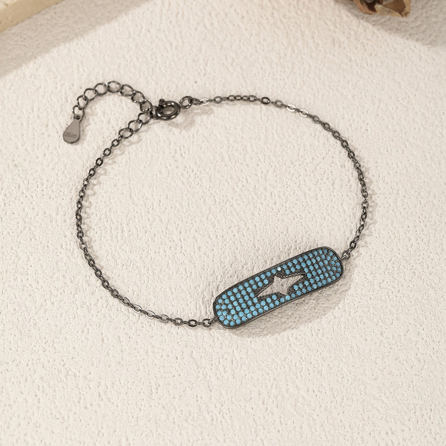 peetty black chain bracelet cubic zirconia turquoise 925 sterling silver adjustable Blue Oval 1