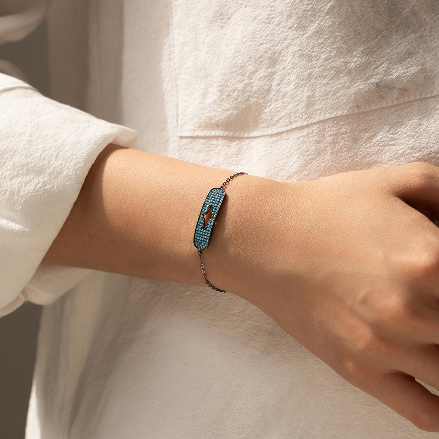 peetty black chain bracelet cubic zirconia turquoise 925 sterling silver adjustable Blue Oval model