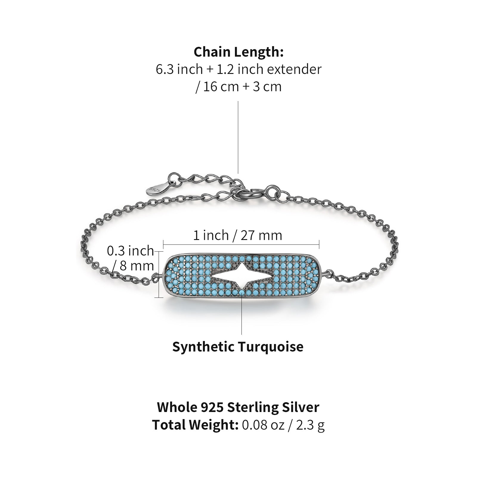 peetty black chain bracelet cubic zirconia turquoise 925 sterling silver adjustable Blue Oval size