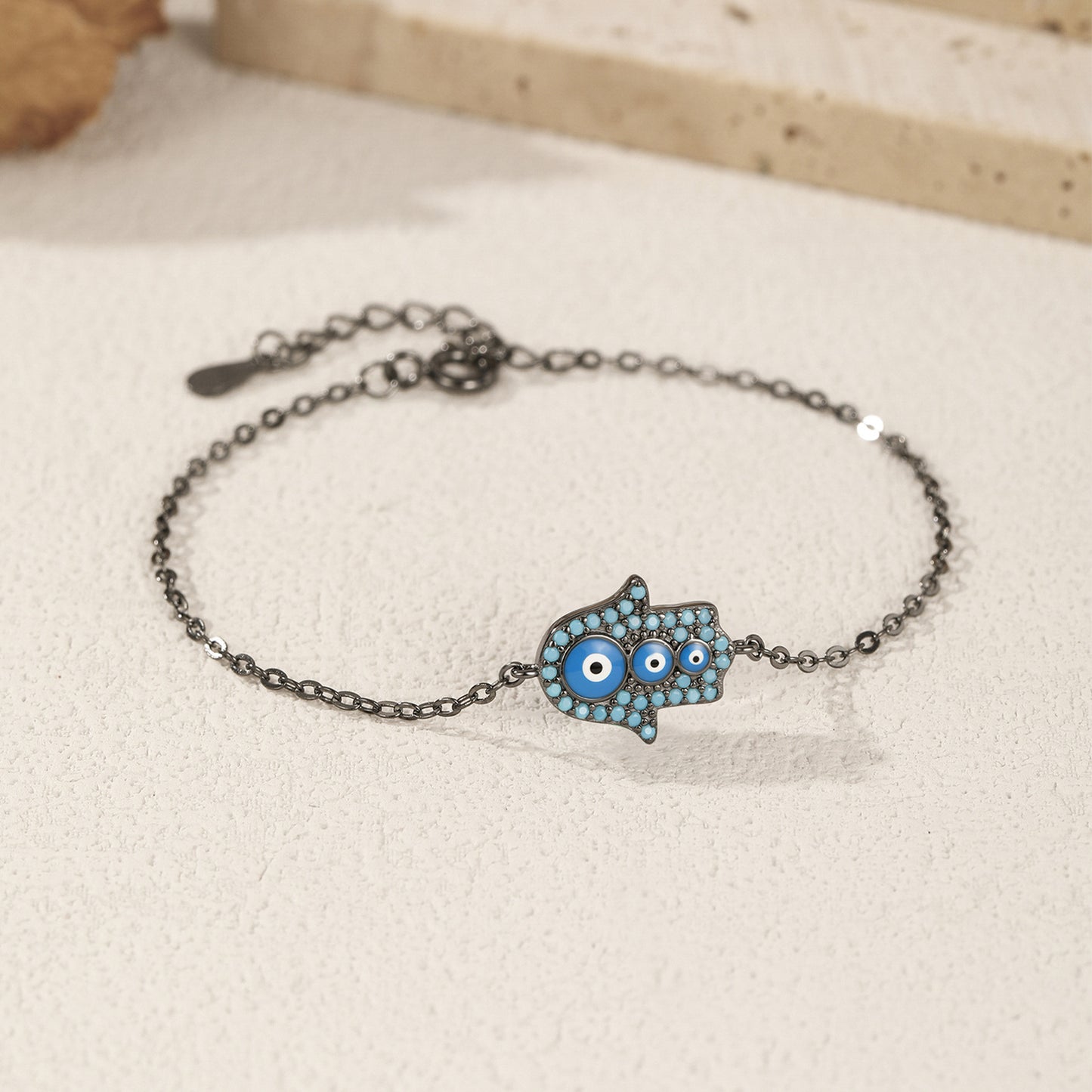 peetty black chain bracelet cubic zirconia turquoise 925 sterling silver adjustable Hamsa 1