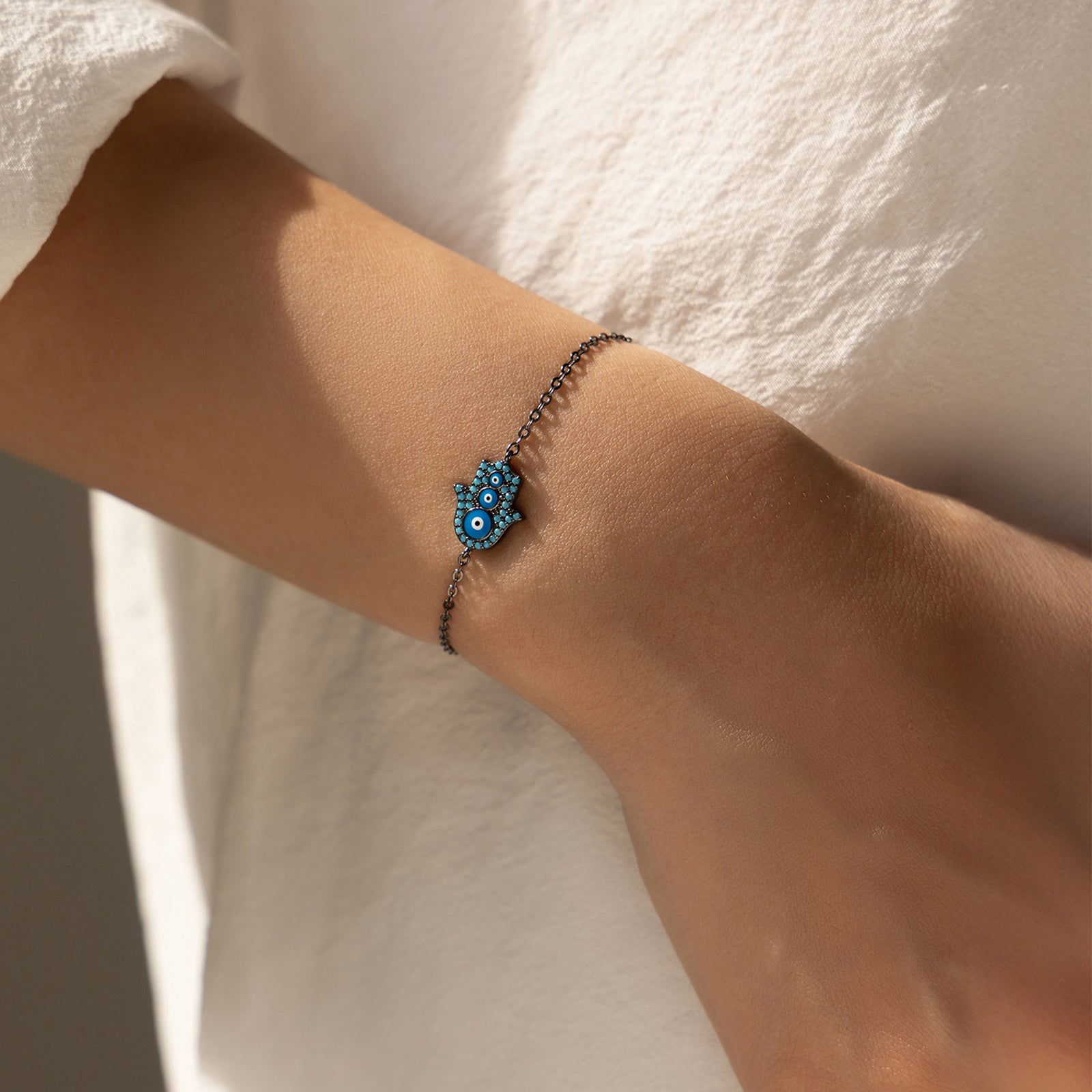 peetty black chain bracelet cubic zirconia turquoise 925 sterling silver adjustable Hamsa model