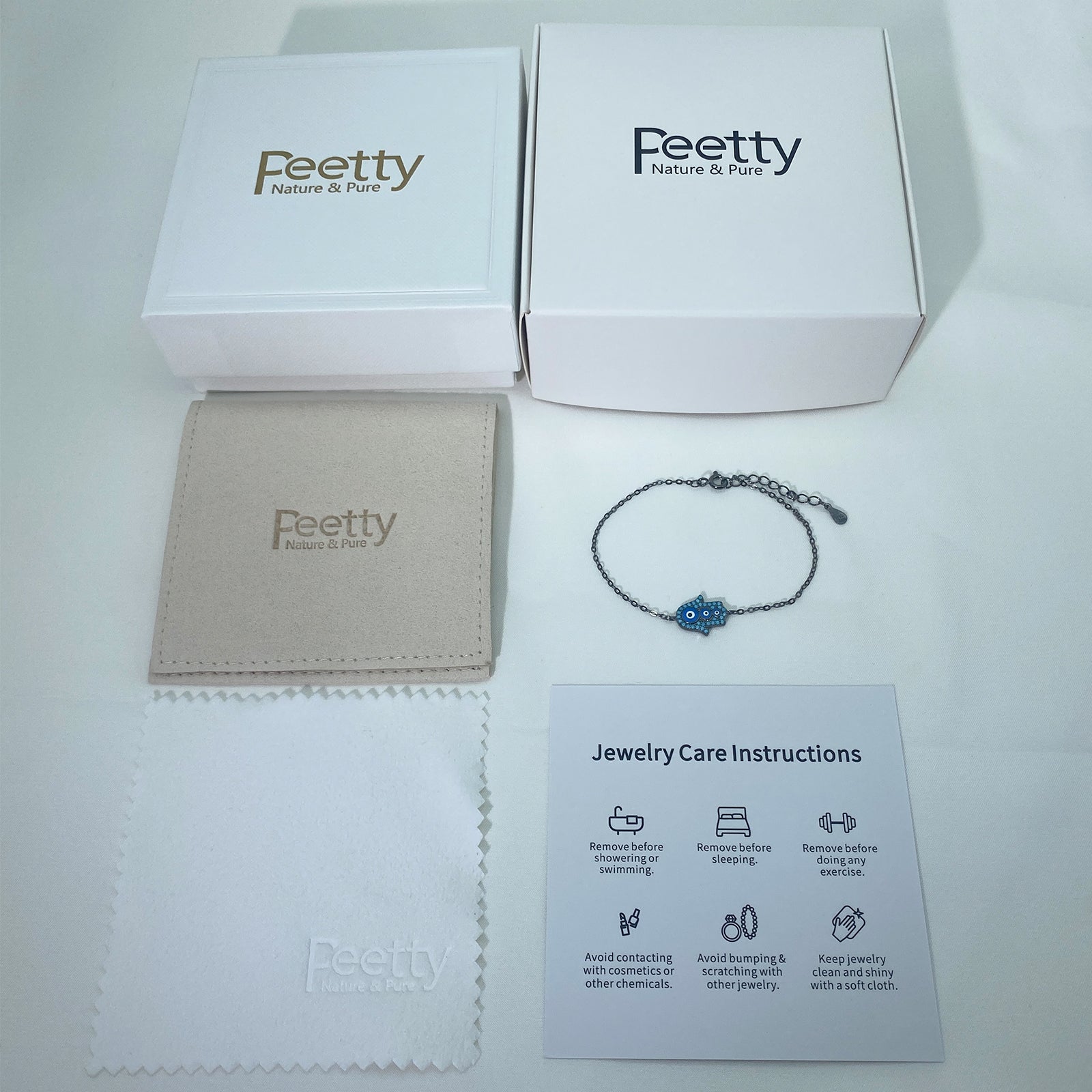 peetty black chain bracelet cubic zirconia turquoise 925 sterling silver adjustable Hamsa package