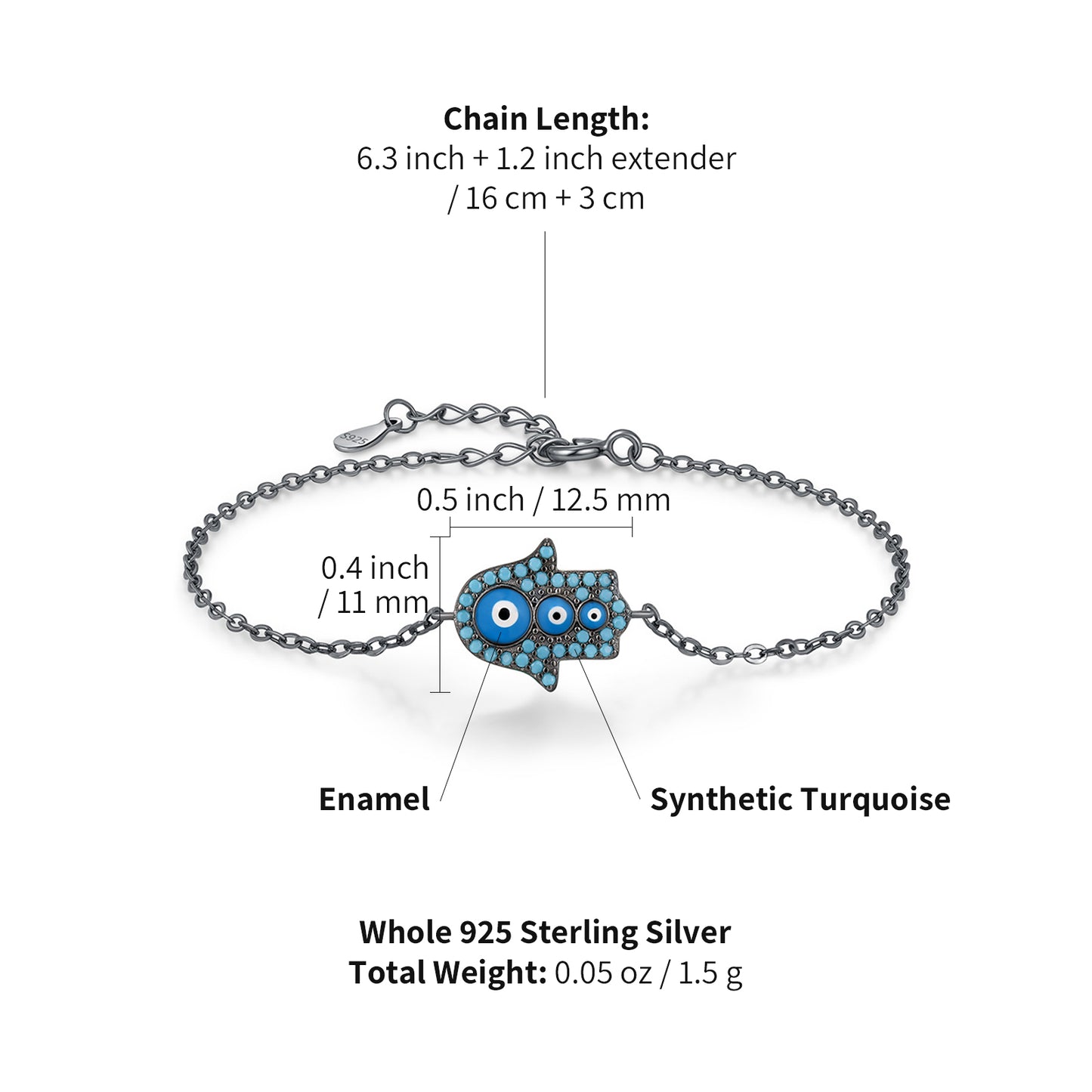 peetty black chain bracelet cubic zirconia turquoise 925 sterling silver adjustable Hamsa size