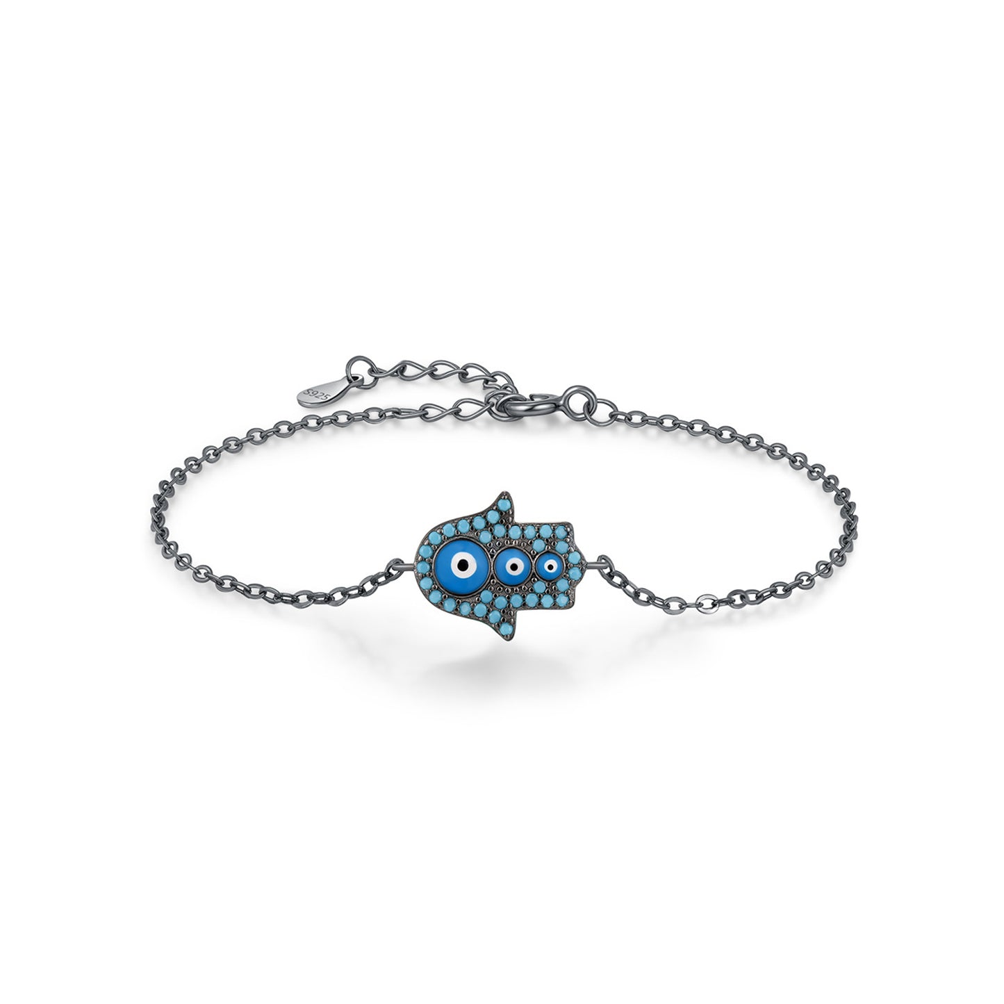 peetty black chain bracelet cubic zirconia turquoise 925 sterling silver adjustable Hamsa