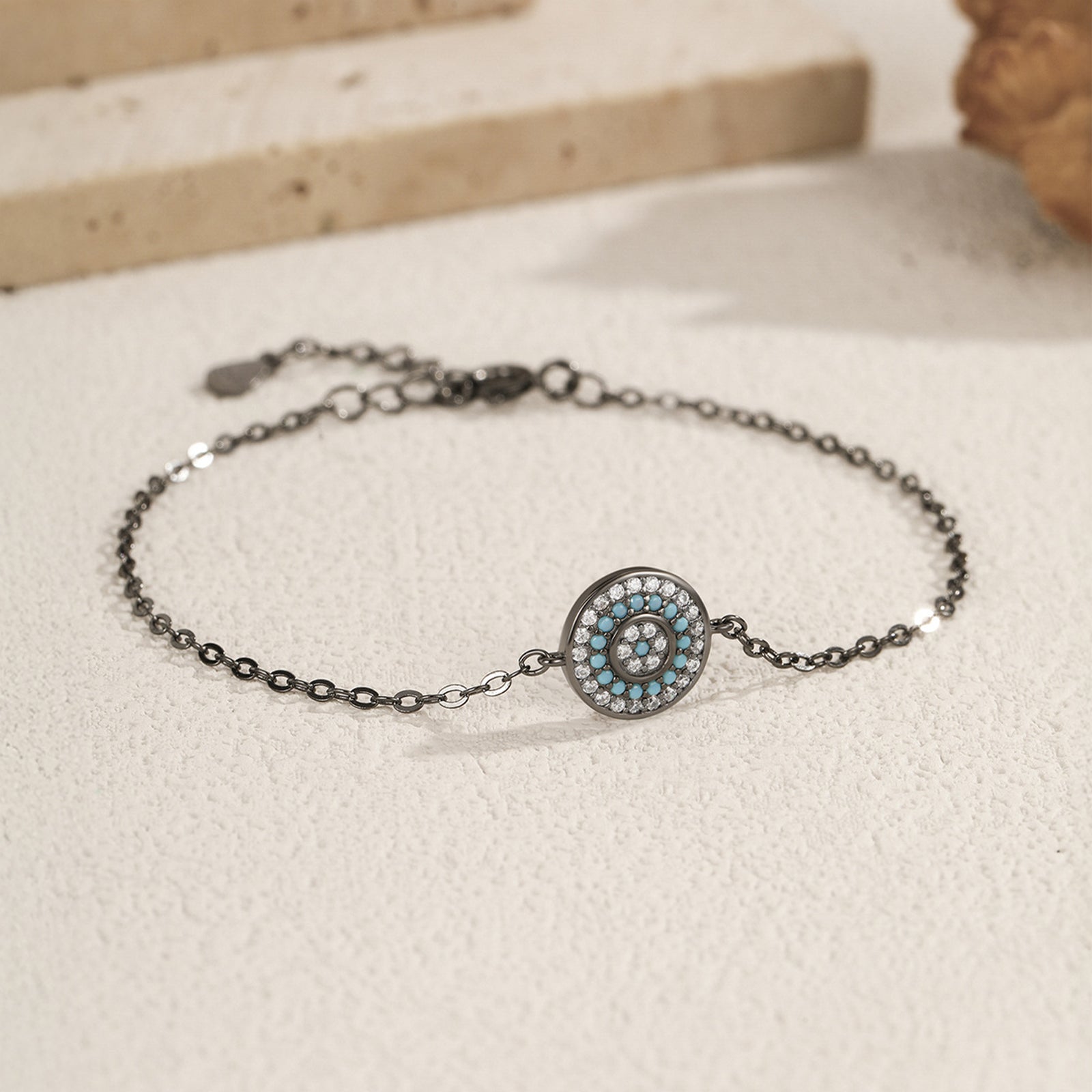 peetty black chain bracelet cubic zirconia turquoise 925 sterling silver adjustable Round 1