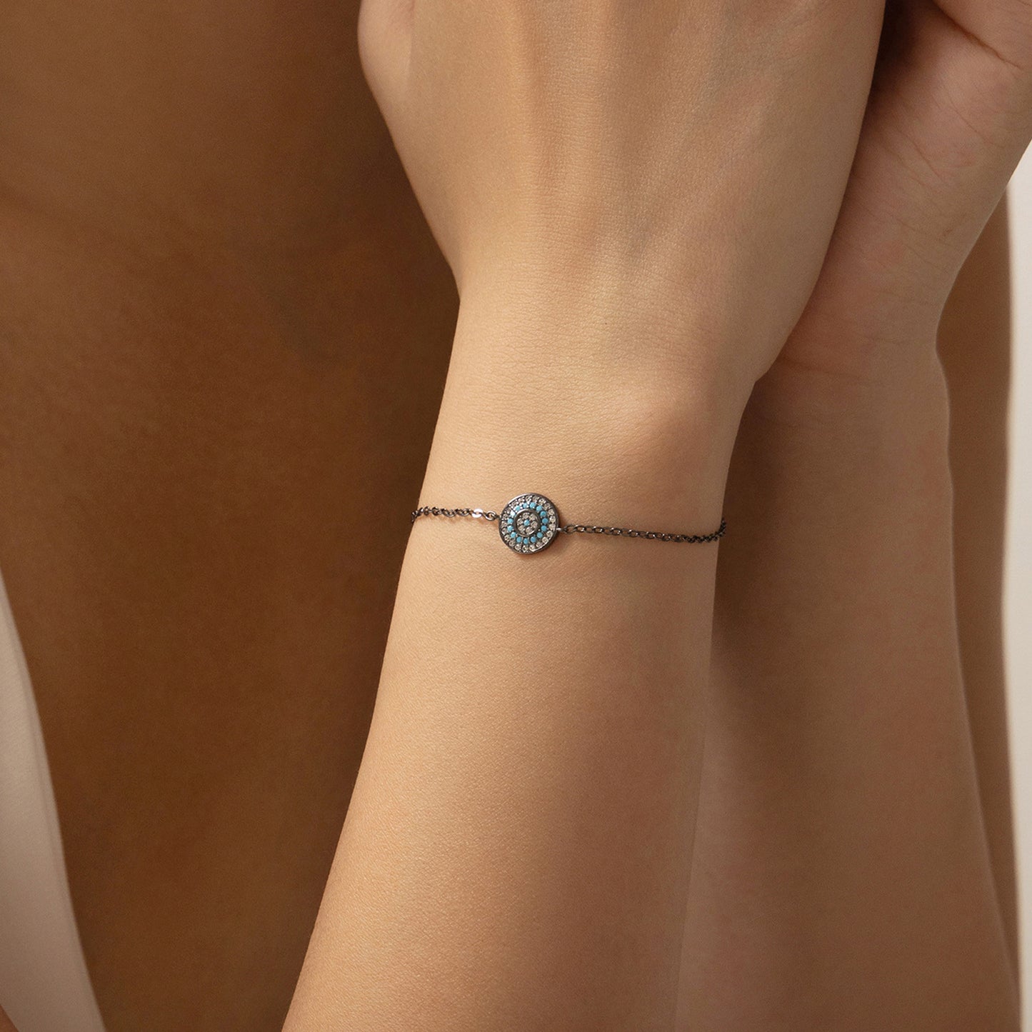 peetty black chain bracelet cubic zirconia turquoise 925 sterling silver adjustable Round model