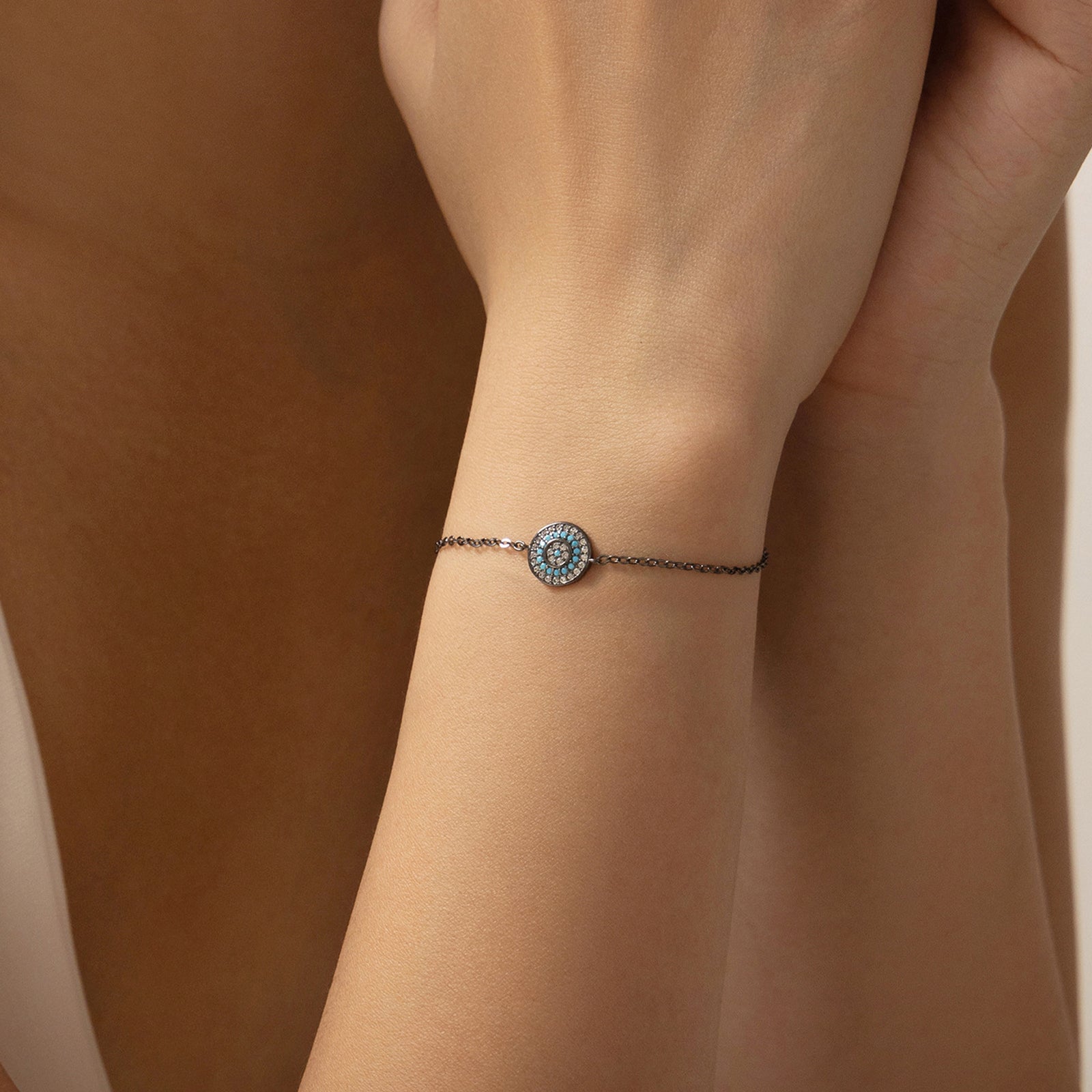 peetty black chain bracelet cubic zirconia turquoise 925 sterling silver adjustable Round model