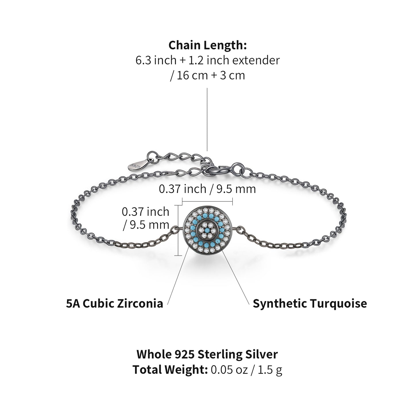 peetty black chain bracelet cubic zirconia turquoise 925 sterling silver adjustable Round size