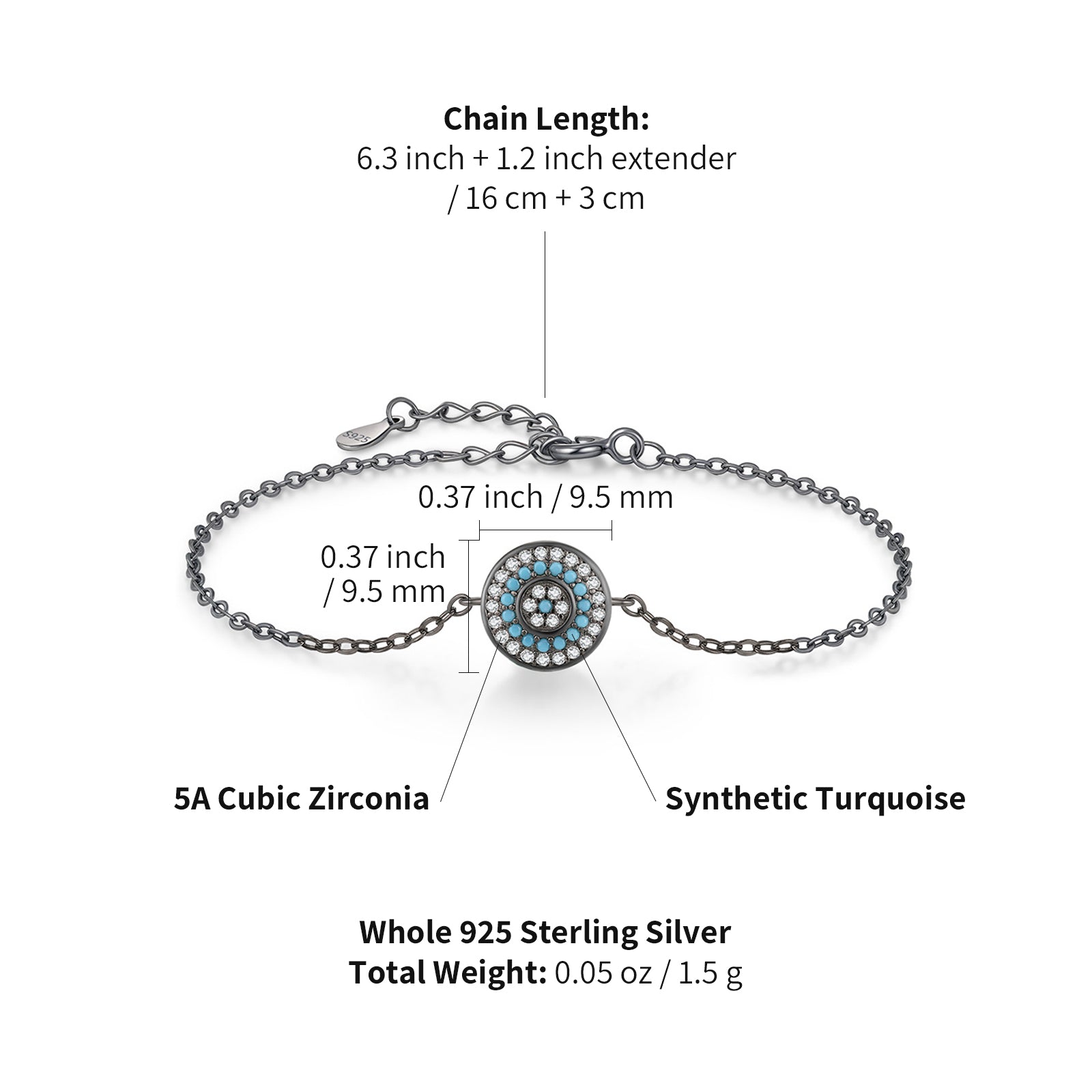 peetty black chain bracelet cubic zirconia turquoise 925 sterling silver adjustable Round size