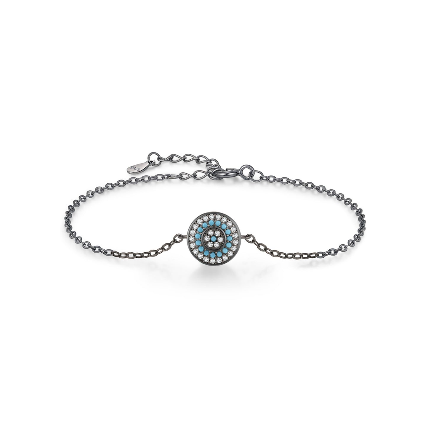 peetty black chain bracelet cubic zirconia turquoise 925 sterling silver adjustable Round