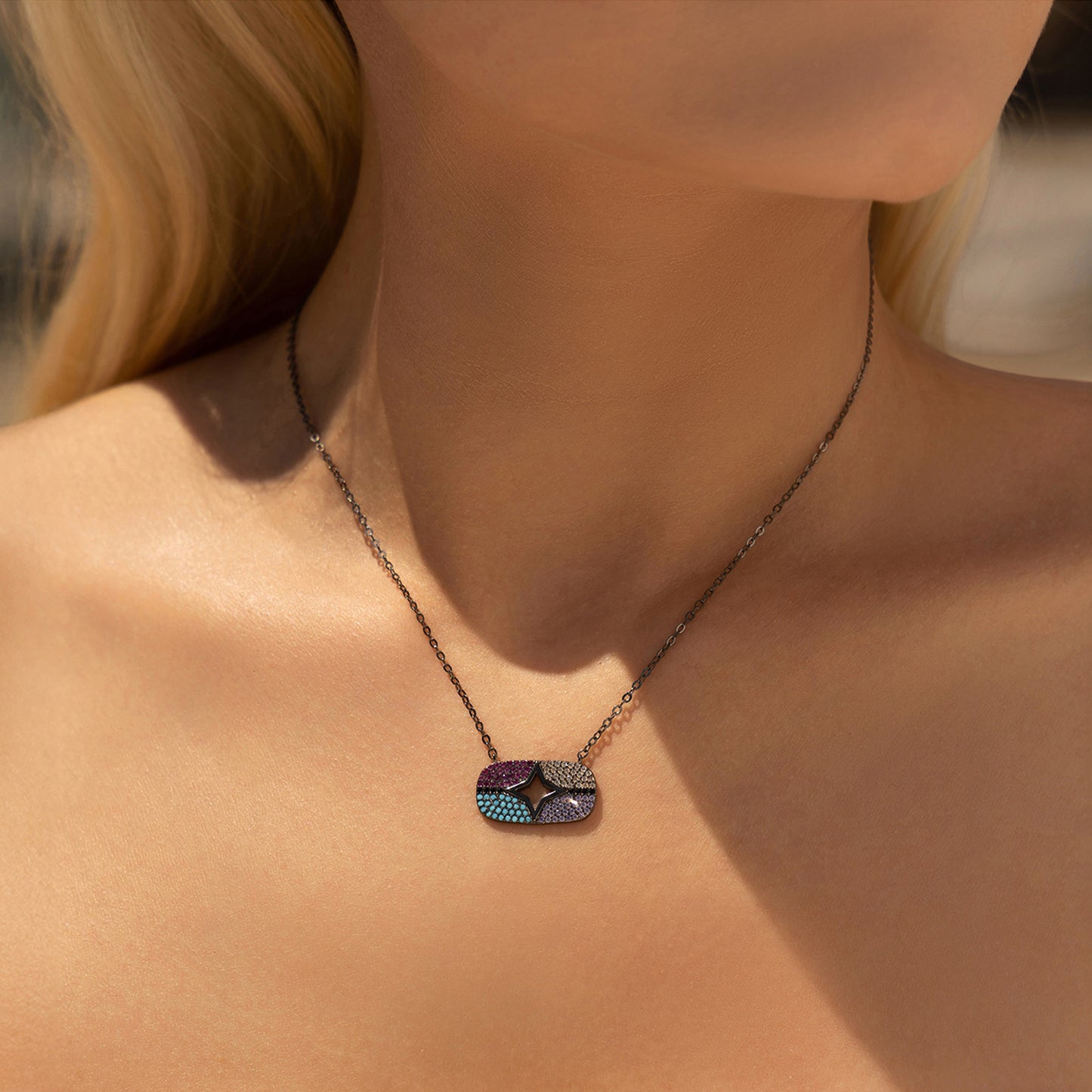 peetty cubic zirconia pendant necklace 925 sterling silver black choker Multicolored Oval model