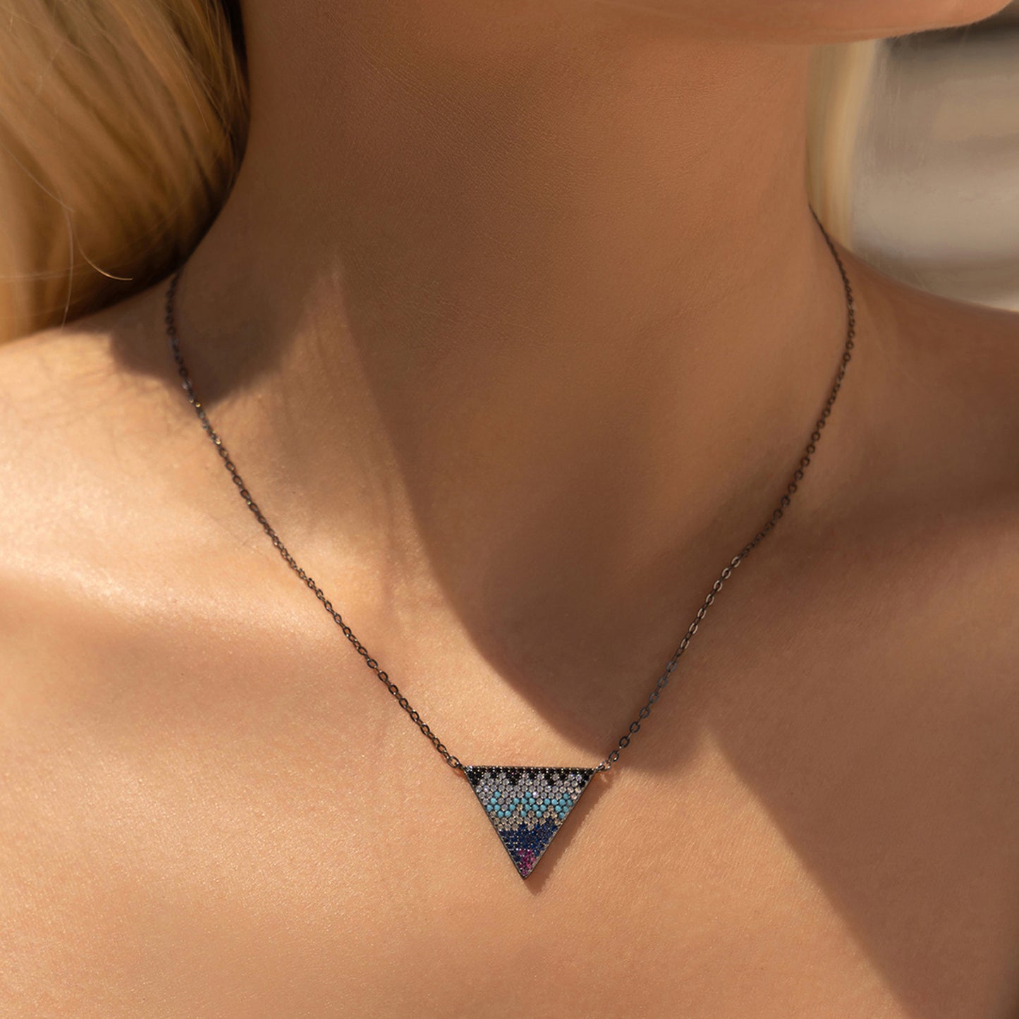 peetty cubic zirconia pendant necklace 925 sterling silver black choker Triangle model