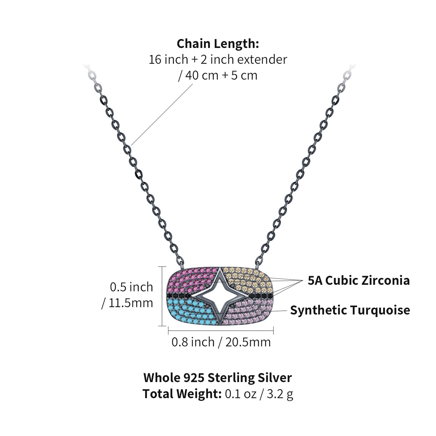 peetty cubic zirconia pendant necklace 925 sterling silver black choker Multicolored Oval size