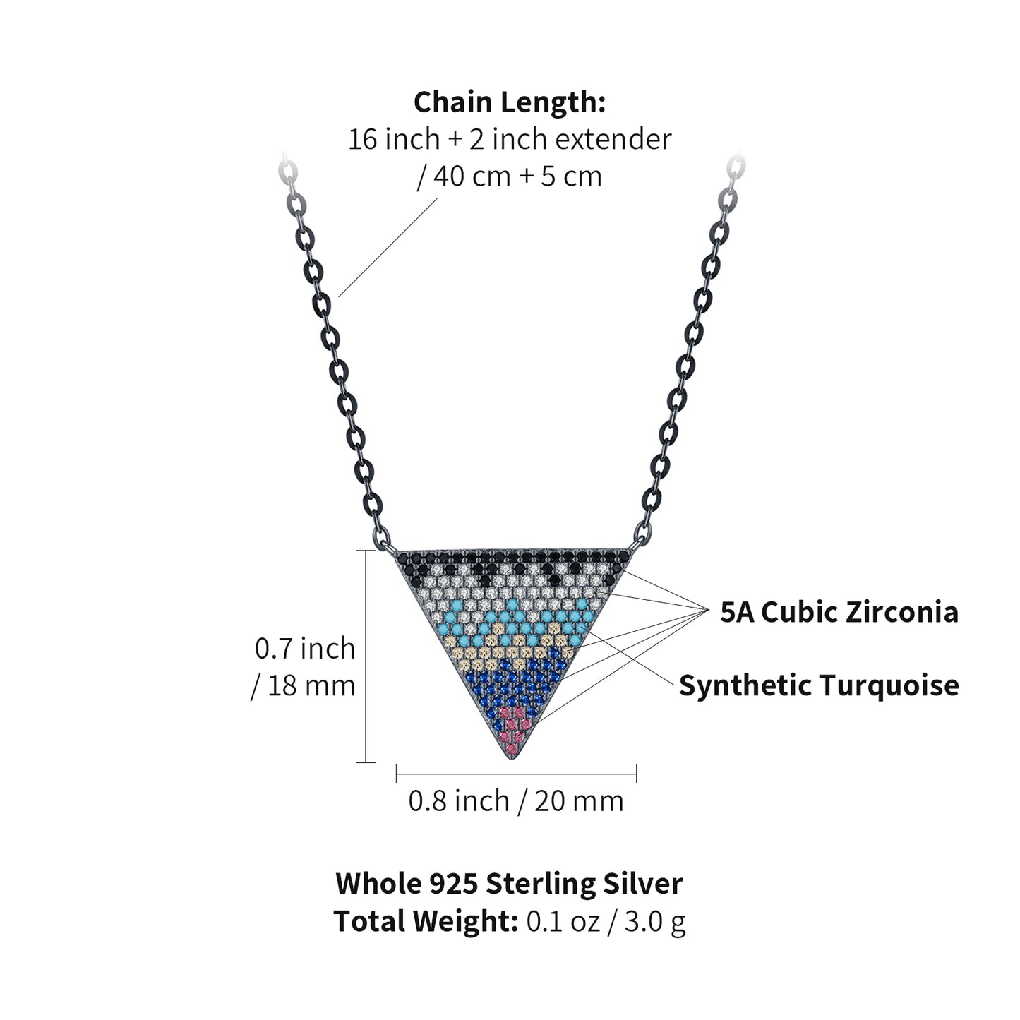 peetty cubic zirconia pendant necklace 925 sterling silver black choker Triangle size