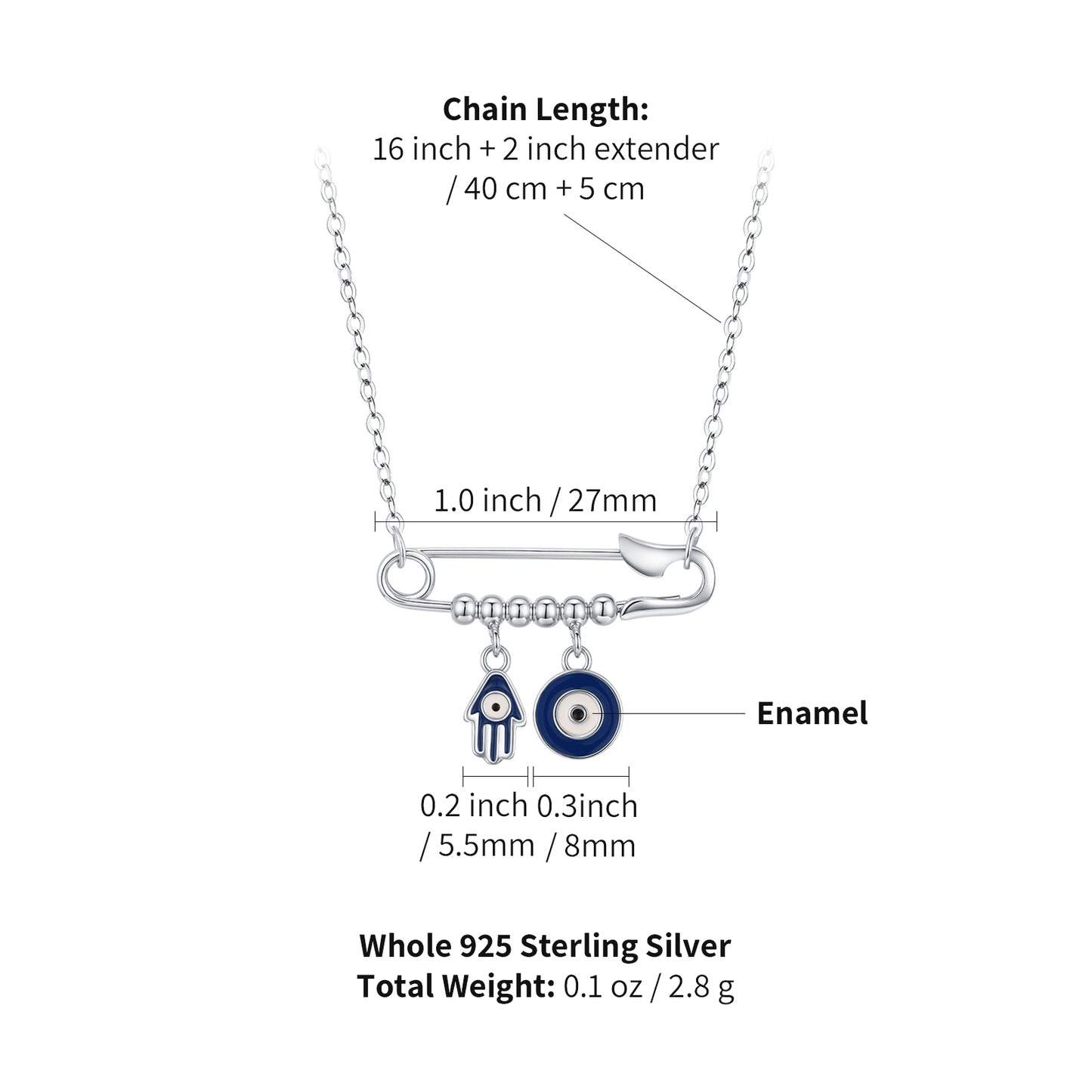 peetty evil eye pendant necklace pin enamel 925 sterling silver choker size 2