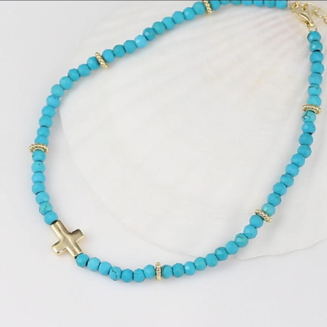 PEETTY turquoise cross anklet beaded 925 sterling silver 14k gold plated adjustable for women gift video