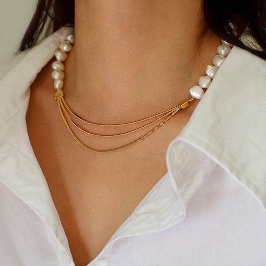 PEETTY Baroque Pearl Snake Chain Splicing Choker Pearl Necklace