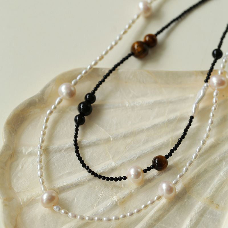 PEETTY braided pearl black agate necklace pearl choker 8