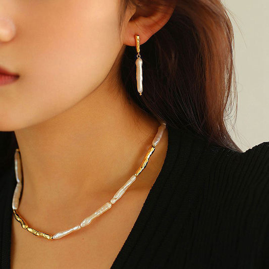 PEETTY Stick Baroque Pearl Necklace Earrings Simple
