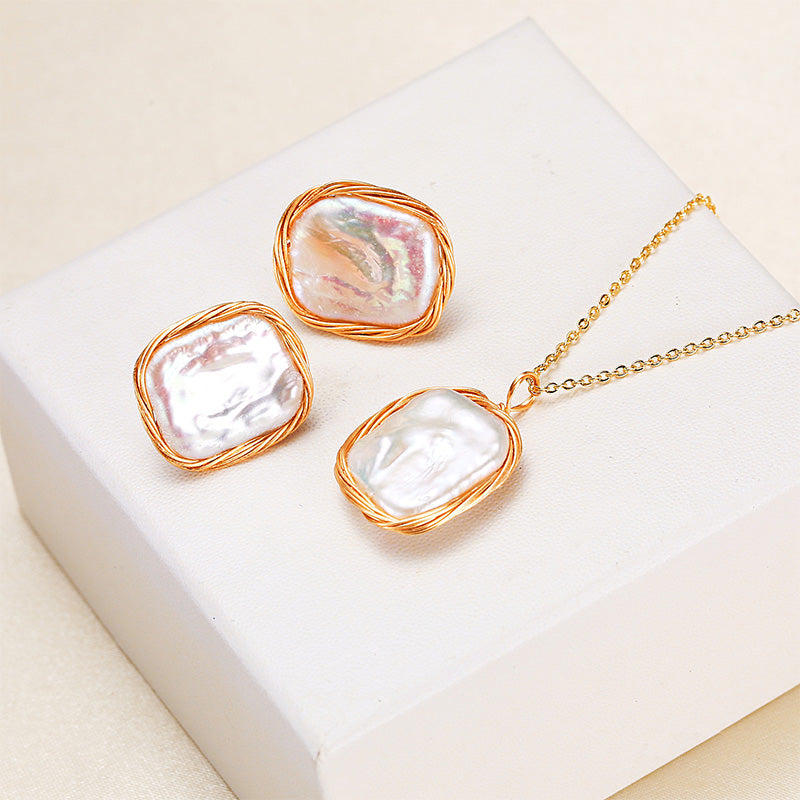 PEETTY winding square baroque pearl earrings pendant set 1